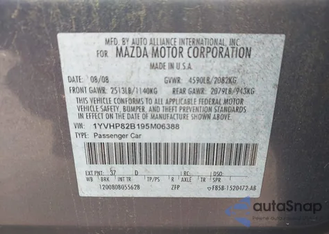 2009 Mazda Mazda6 S Grand Touring z USA, uszkodzony, nr VIN 1YVHP82B195M06388